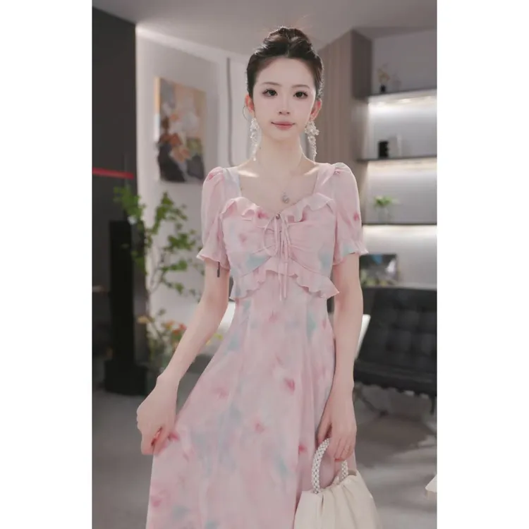 晓西-夏季新款法式气质温柔风初恋设计感收腰显瘦粉色长款连衣裙