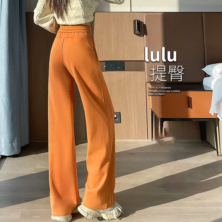 春秋季新款lulu阔腿裤女窄版高腰提臀南瓜色休闲宽松直筒运动裤子