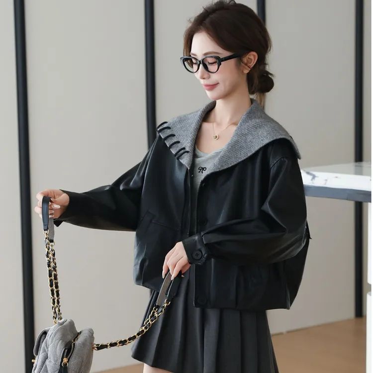 秋冬加绒新款设计感海军领皮衣夹克女休闲显瘦短款外套