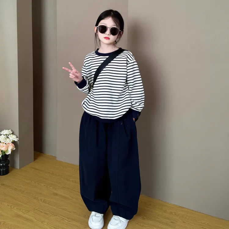 女童2025新款韩系时尚休闲条纹卫衣宽松阔腿棉布休闲裤两件套甜酷