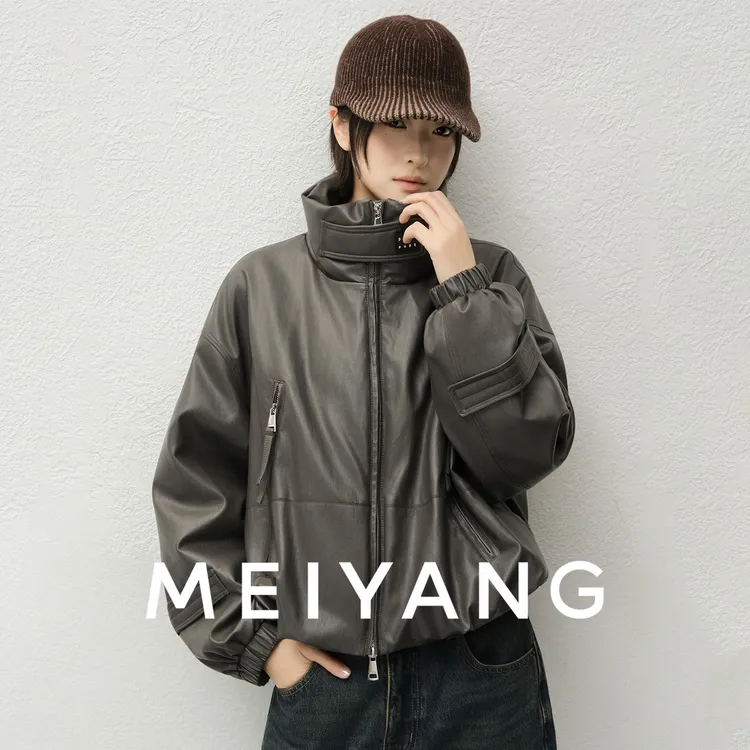 A美洋MEIYANG 机车皮鹅绒服【商场同款】立领PU羽绒服外套-周三