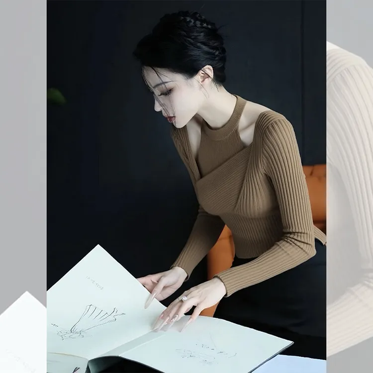 独特别致漂亮打底小衫洋气高贵内搭卡其色针织衫上衣女装韩系秋冬