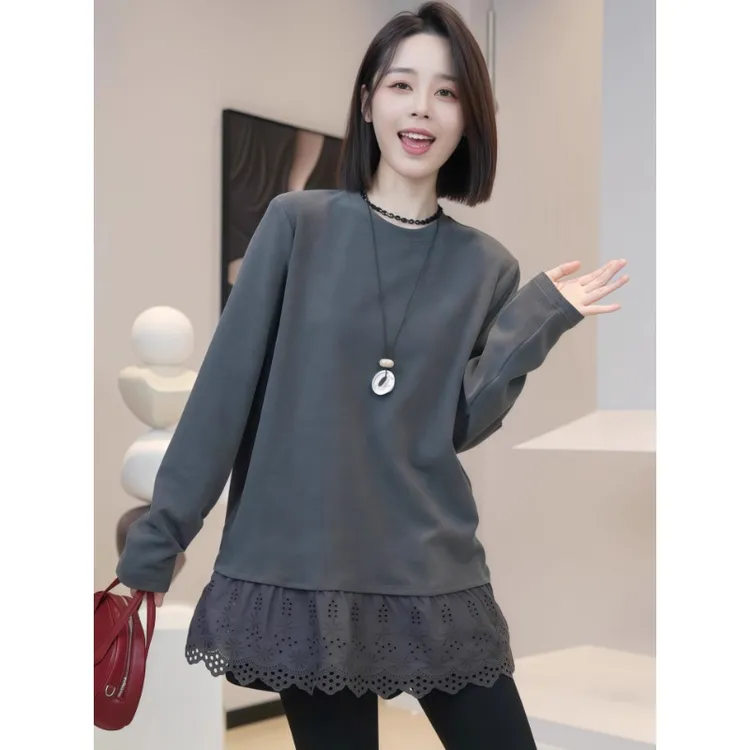 中长款蕾丝灰色卫衣女款加厚秋冬2025新款爆款内搭打底遮屁股上衣