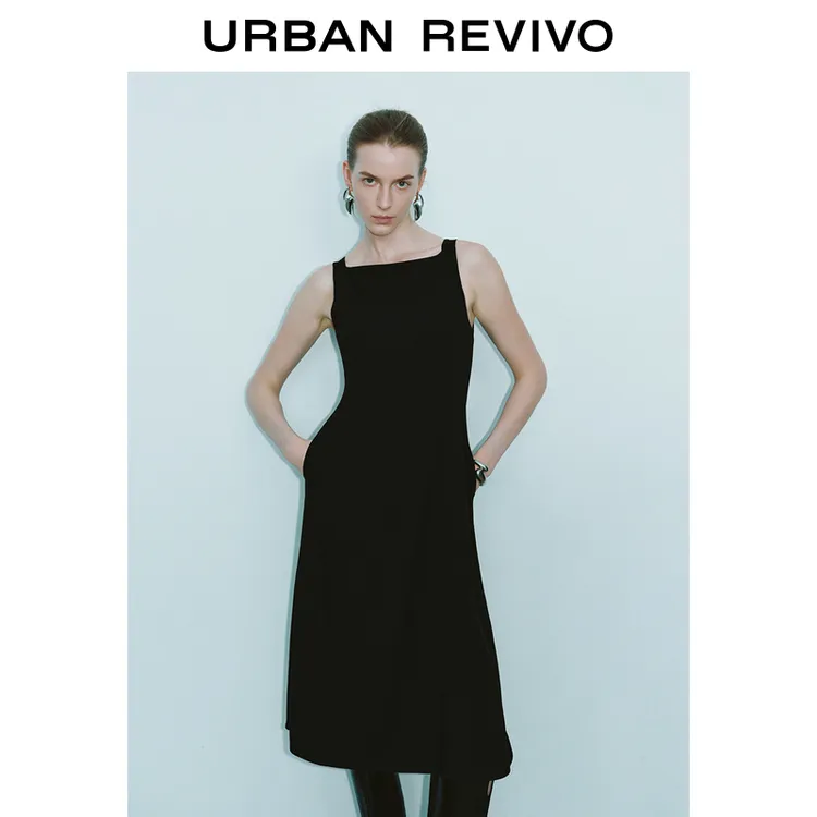 UR2025春季新款女装欧若风法气质通勤一字领无袖连衣裙UWM750004