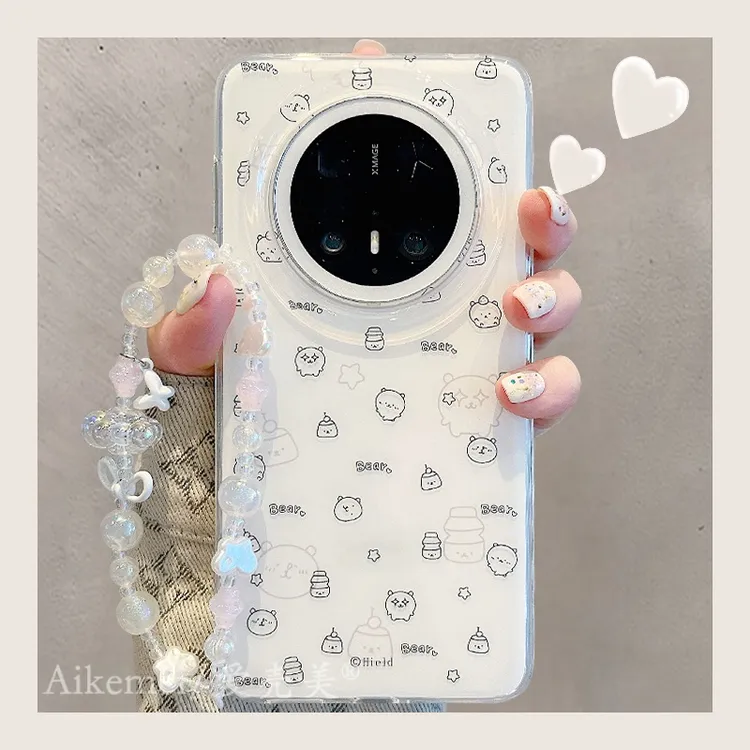 适用华为mate70pro+手机壳可爱卡通mate60pro+白色线条自嘲熊链条