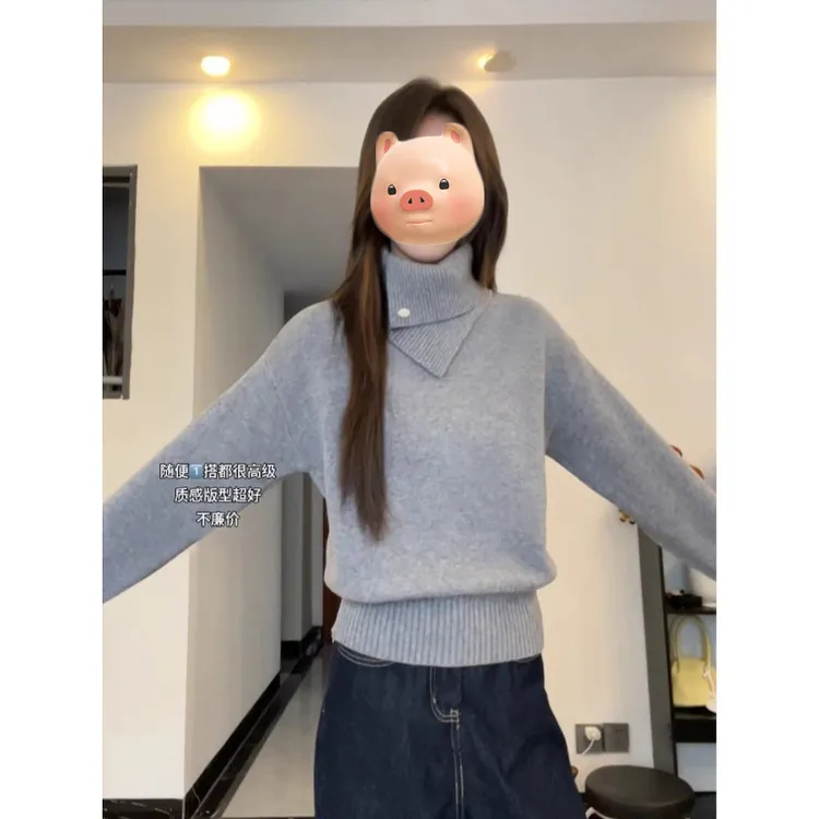法式不规则灰色高领套头毛衣女秋冬季加厚慵懒风高级感针织衫上衣