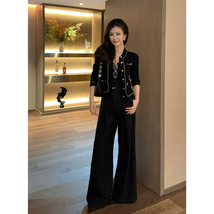 JIJINQI羊毛混纺通勤风长裤时尚垂感黑色百搭休闲裤 JD12KZPT1916