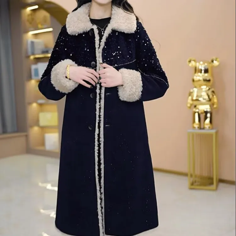 高档雪尔绒时尚加绒加厚大衣外套2025冬季新款休闲百搭中长款外套