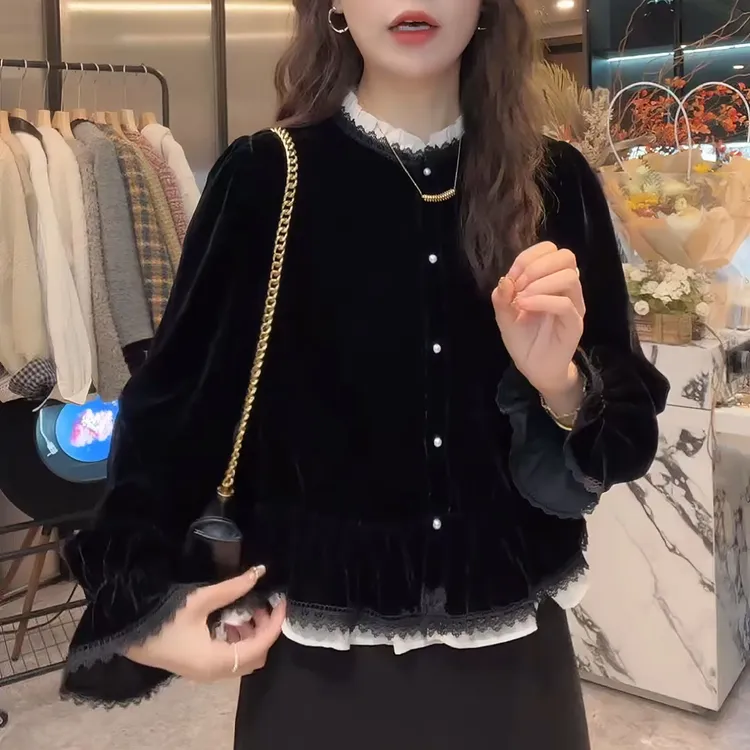 新款法式轻奢独特漂亮小衫秋季丝绒别致独特衬衫上衣LK2506795-1