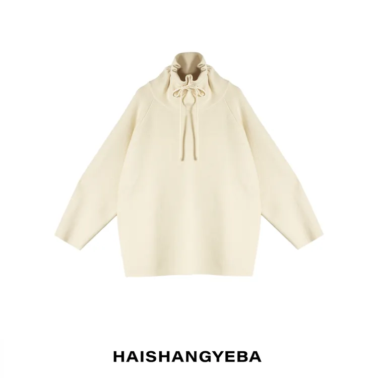 【海上叶爸】新款2025秋冬百搭绵羊毛松紧抽绳领宽松休闲羊毛衫