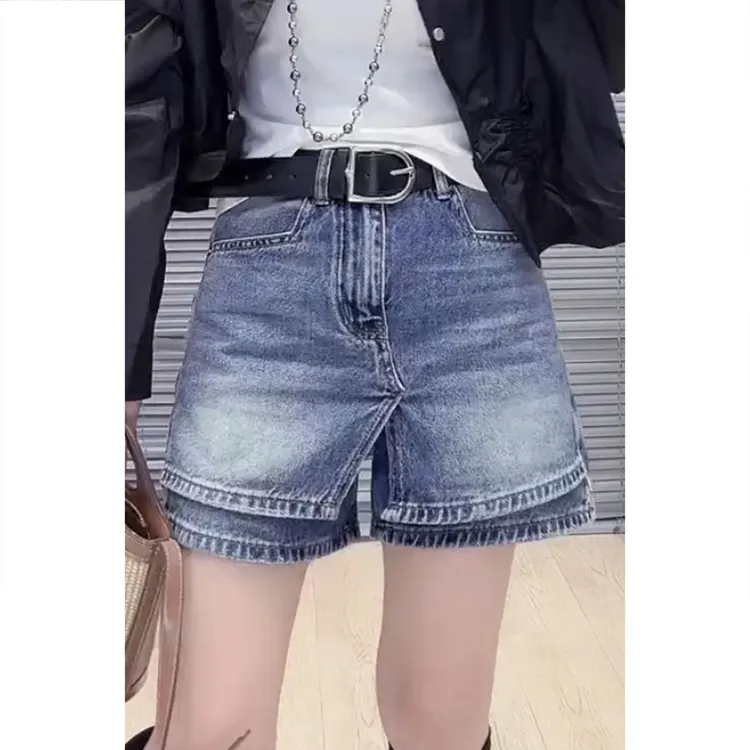 艾塔莉夏季女复古设计感假两件拼接短裤直筒时尚休闲牛仔短裤显瘦