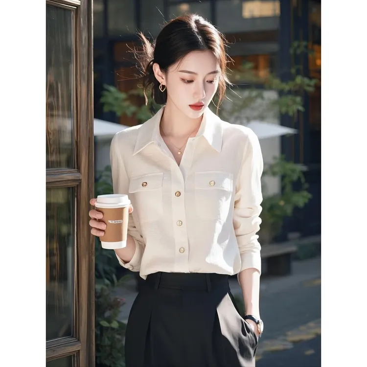 法式白色POLO领衬衫女秋季新款宽松百搭超好看高级感轻奢长袖上衣