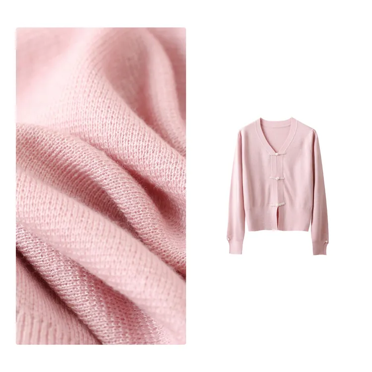 门店26&9！粉桃毛衣」羊毛蚕丝新中式盘扣V领女式针织衫H00705