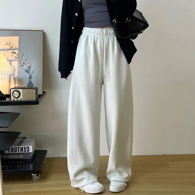 休闲百搭高腰直筒卫裤女2025春季新款设计感色阔腿束脚两穿裤子