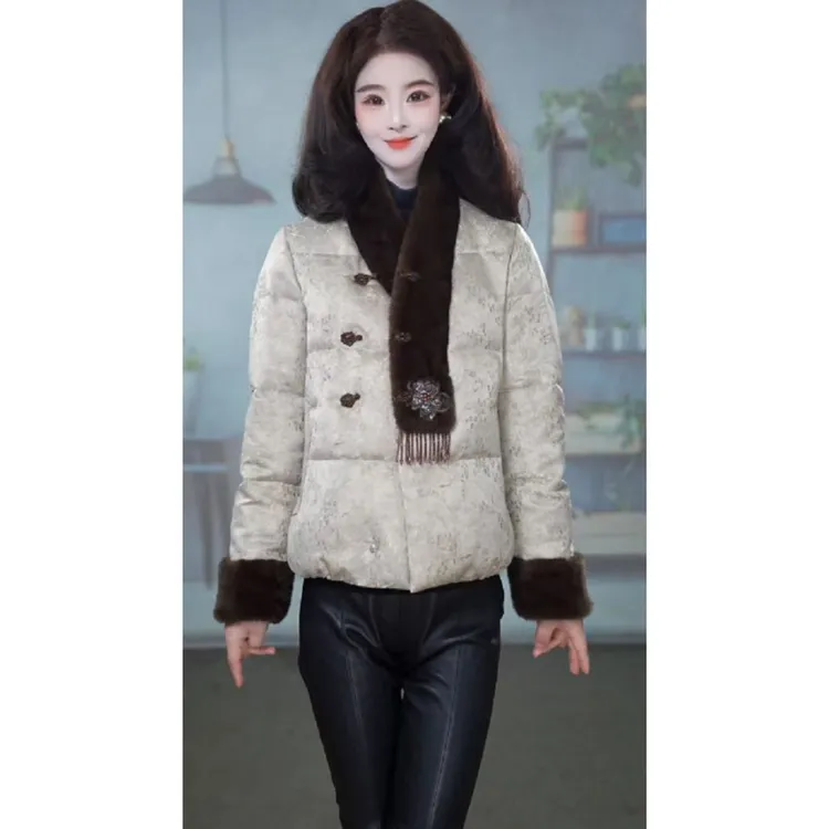 【羽绒服】天丝亚麻冬季时尚设计感毛领拼接国风洋气百搭羽绒服