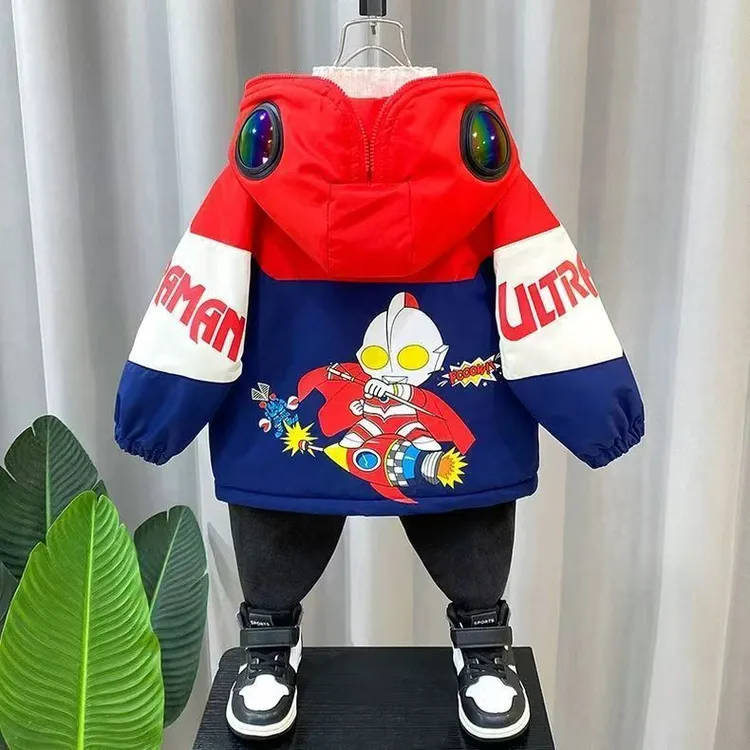 奥特曼衣服男童秋冬加绒加厚外套痞帅潮流宝宝加绒冲锋衣儿童棉服