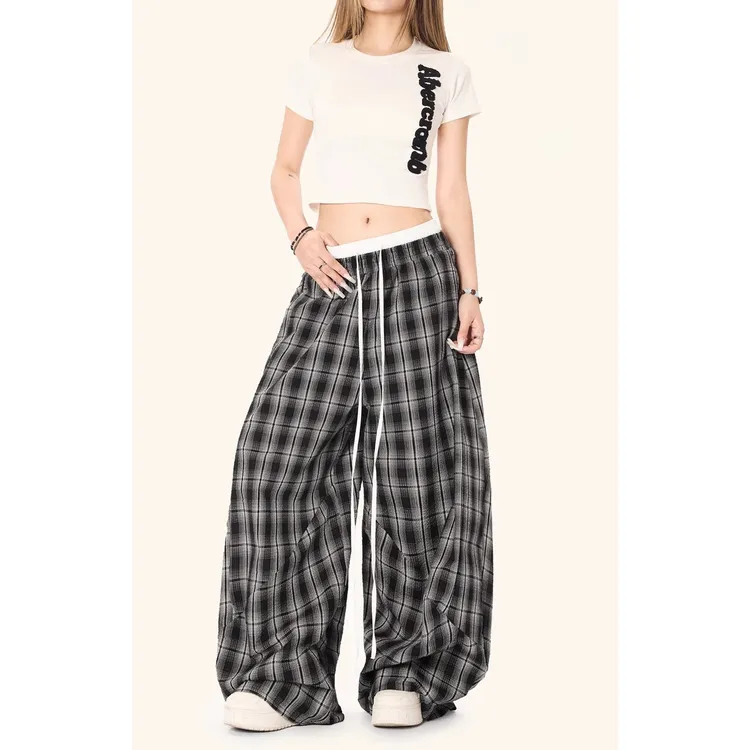 复古街头风双腰头拼接格子裤男女美式爵士舞宽松阔腿裤hiphop长裤