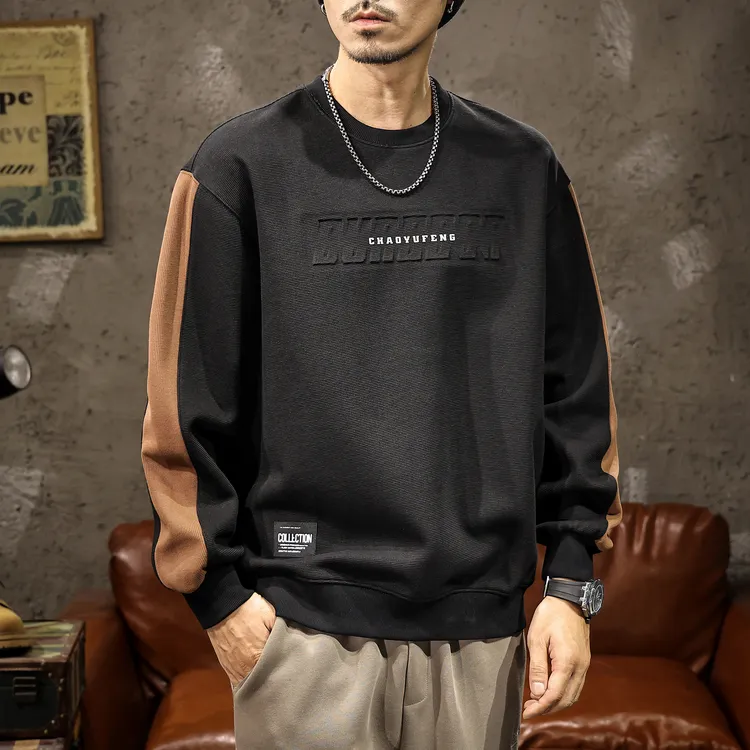 MR.MUDI/穆迪先生秋季重磅卫衣男春秋款宽松高端拼接撞色圆领上衣