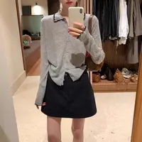 高端货~韩系灰色翻领撞色羊毛针织开衫女装休闲长袖上衣秋季新款