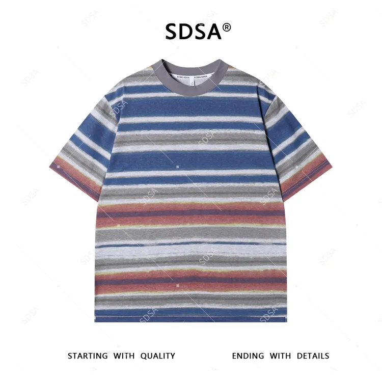 SDSA夏季新款男士痞帅简约休闲撞色条纹圆领短袖T恤小众设计百搭