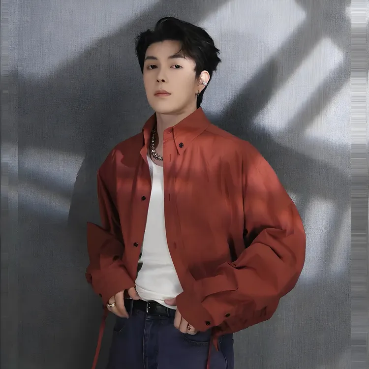 网红爆款早秋衬衫男士抽绳短款长袖衬衣夹克外套弯刀帅气寸衫上衣