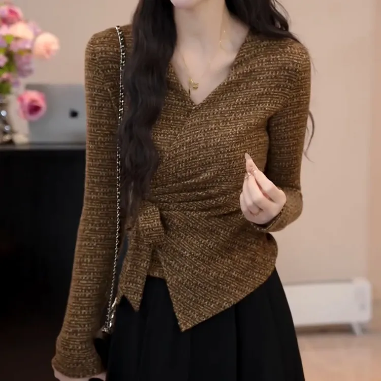 【长风和煦】千金风蝴蝶结绑带交叉V领T恤打底衫女秋季LK2507530