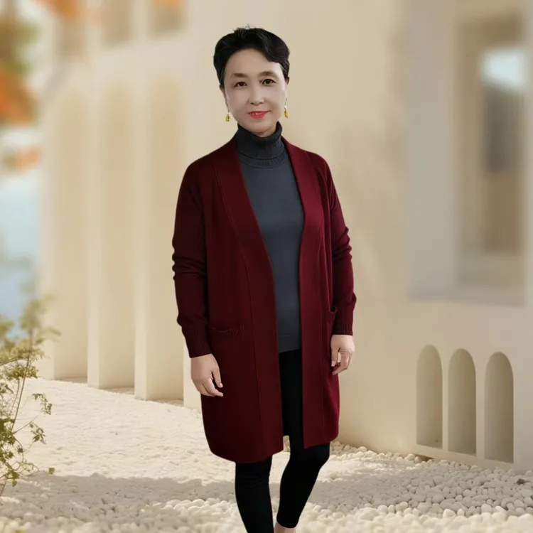 100%纯羊绒秋冬加厚女士中长款宽松V领纯山羊绒毛衣针织开衫外套