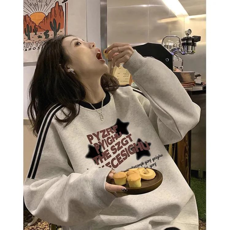 爆款三条杠拼接圆领卫衣女2025秋季设计感小众宽松慵懒风学生上衣