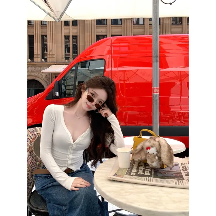 纯欲辣妹性感v领修身显瘦长袖上衣女秋冬高腰垂感牛仔阔腿裤套装