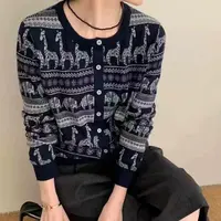 〔一“鹿”“象”前〕〔不可机洗〕欧货复古卡通提花圆领针织长袖上衣
