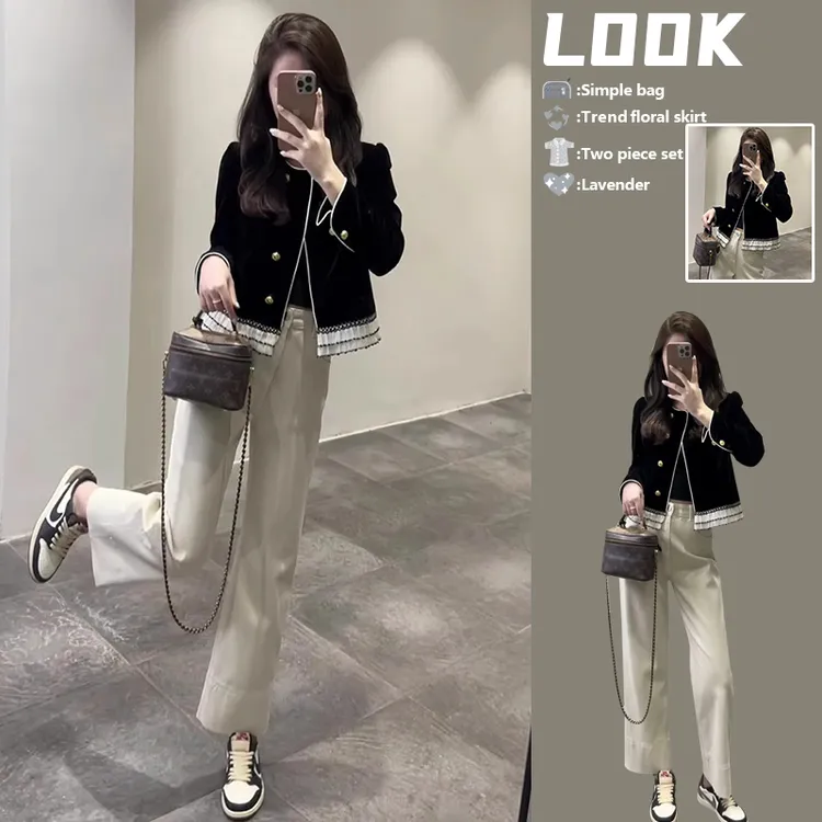 今年流行的爆款春装女设计感别致拼色减龄开衫外套+高腰休闲裤潮