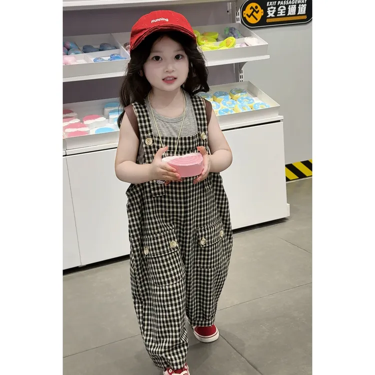 女童超好看套装2025夏季新款儿童宝宝洋气短袖背心可爱格子背带裤