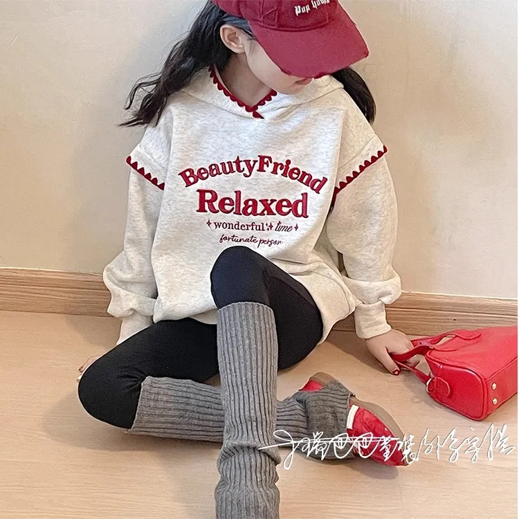 女童灰色连帽卫衣2025新款女孩秋季美式宽松上衣儿童洋气时髦长袖