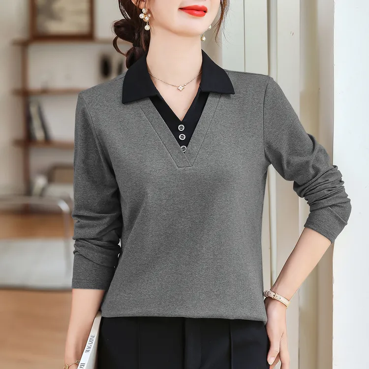 正肩ol长袖t恤女2025新款秋季爆款女装外穿上衣假两件内搭打底衫