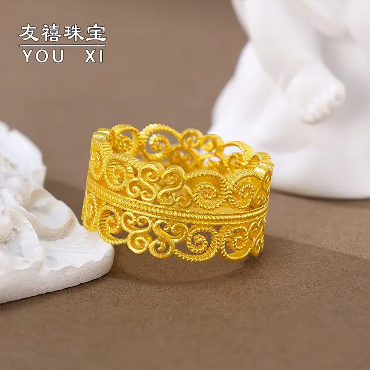 黄金戒指古法蕾丝心形花丝指环足金999时尚实心纯金送女友礼物