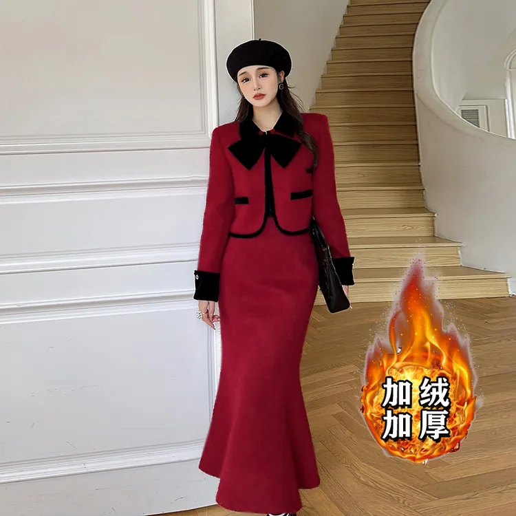 【加绒加厚】【两件套】法式红色小香风套装裙高级小洋装两件套6416