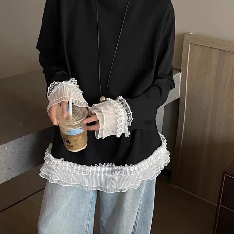 蕾丝拼接纯色长袖不起球圆领T恤韩版春秋网红显瘦
