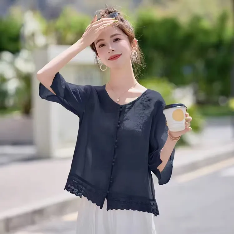 苎麻五分袖超级好看开扣小衫