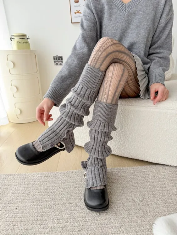 走秀灰色堆堆袜套jk奶白色保暖腿套女中筒黑色针织竖条开叉小腿袜