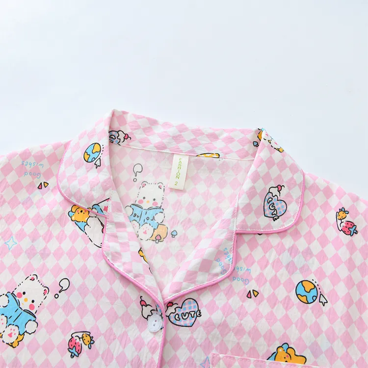 秋季翻领卡通云朵棉睡衣女粉色格子草莓小熊可外穿长袖家居服套装