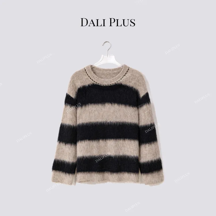 DALI PLUS“高含量苏力羊驼毛拉绒毛衣”慵懒条纹针织-D5CH5298