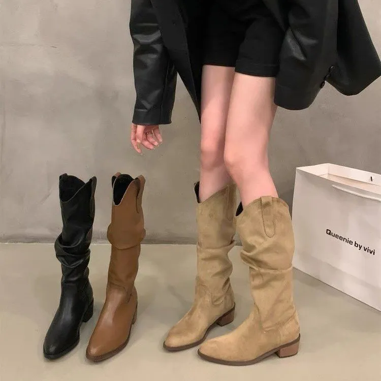 粗跟复古棕色V口堆堆中筒长靴女2025秋季新款尖头西部牛仔长筒靴