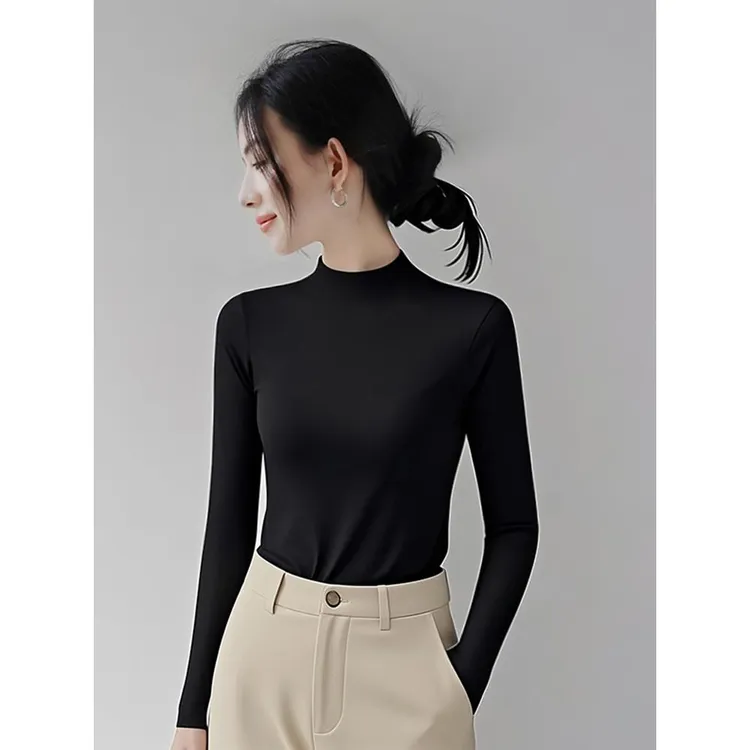 UYH秋冬2025新款德绒黑色半高领长袖打底衫女内搭保暖紧身中领上