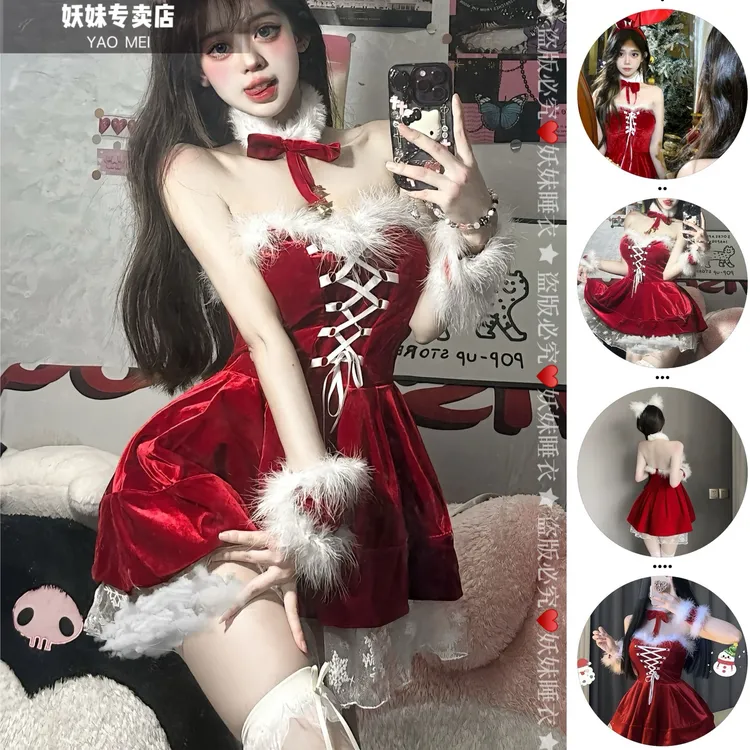 新年红连衣裙女性感秋冬丝绒抹胸裙红色喜庆圣诞裙公主少女
