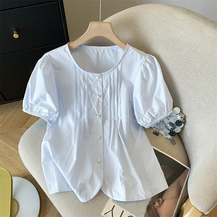 复古风琴皱甜美泡泡短袖衬衫女夏小个子宽松显瘦圆领百搭减龄上衣