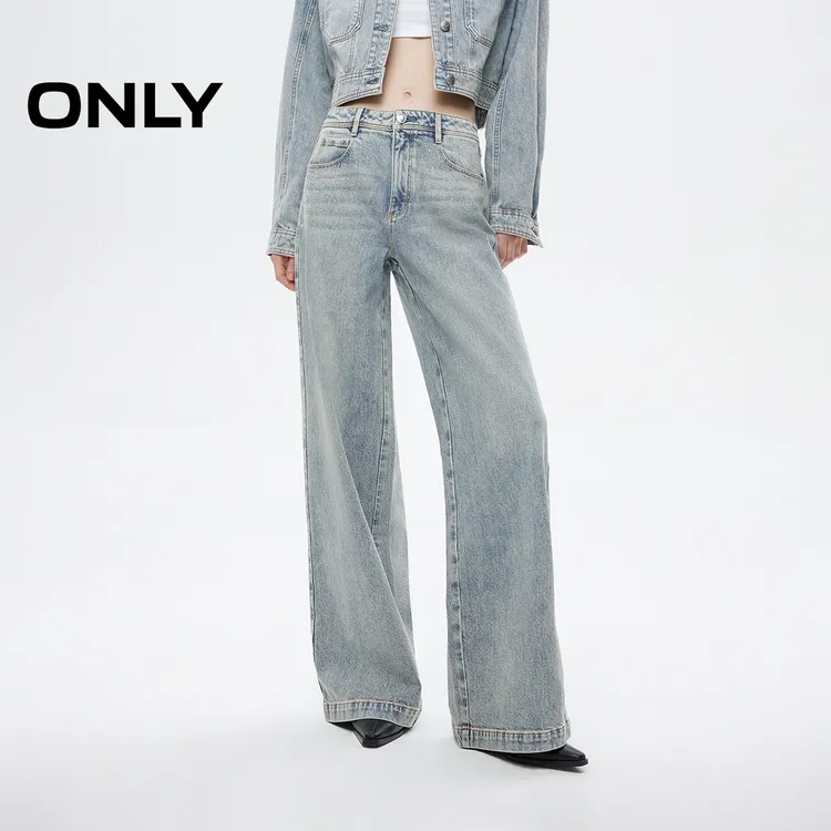 ONLY2025秋季新款显瘦舒适高腰烫钻长裤阔腿裤牛仔裤女|125132065