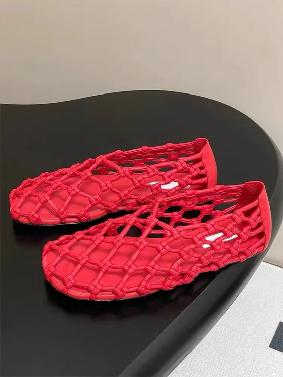 编织镂空乐福鞋时装凉鞋浅口网状平底日系百搭胶粘圆头女单鞋