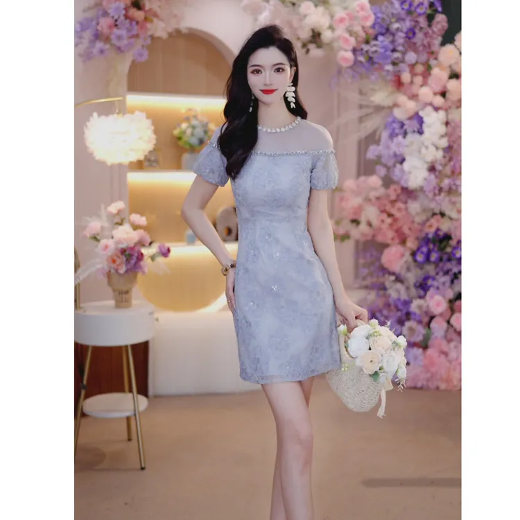 优雅气质高级感镶钻连衣裙女蕾丝网纱刺绣修身夏季名媛A字裙6174