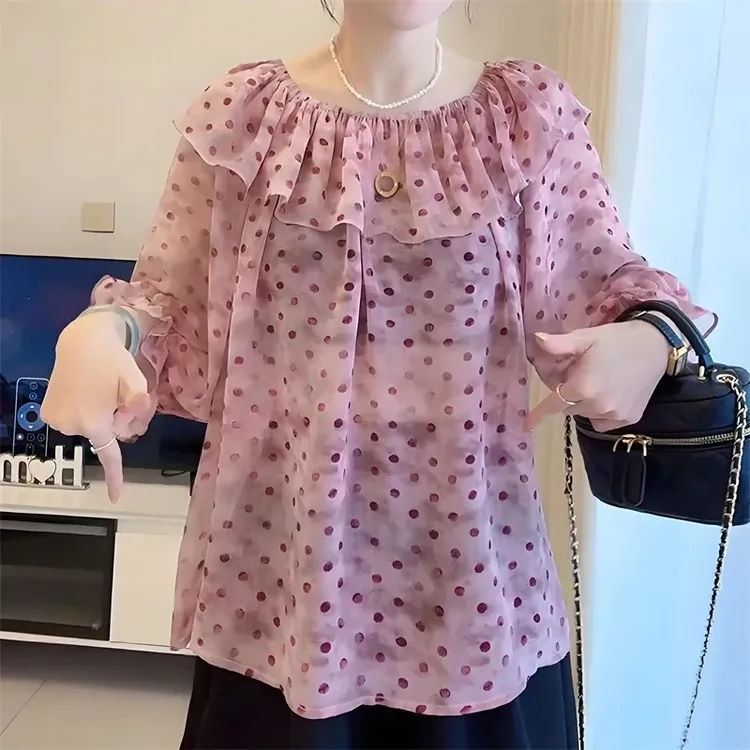 法式设计感温柔风荷叶边波点上衣女2025新款爆款宽松百搭洋气小衫