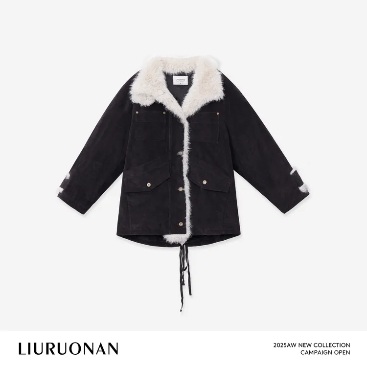 LIURUONAN 25WIN【复古拼毛绒领】极简翻领单排扣抽绳长袖羽绒服女